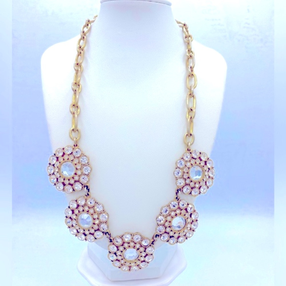 J Crew Designer Rhinestone Flower Medallions Gold Tone Statement Necklace